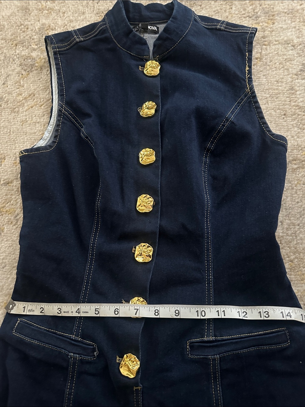 Fashion Nova Navy Sleeveless Denim Jumpsuit with Gold Buttons - Picture 6 of 7